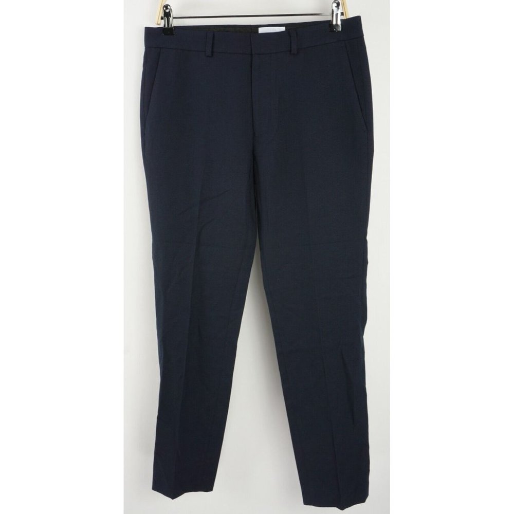 New Topman Topshop Men's 32 x 30 Navy Blue Woven Textured Flat Front Dress Pants